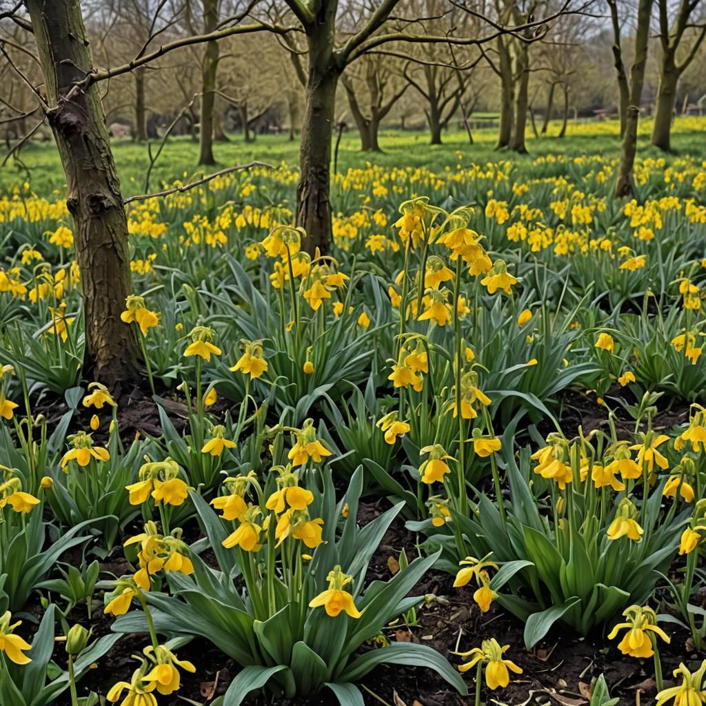 Hyperrealistic Spring Orchard with Blossoms and Cowslips