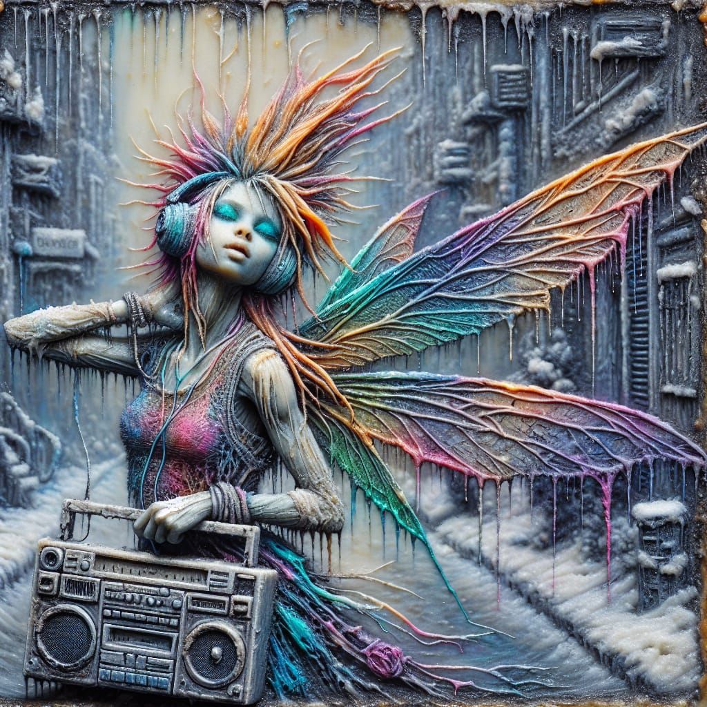 Vibrant Punk Fairy Sways to Rhythms in Gritty City Street