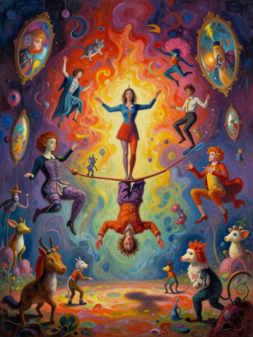 Surreal Dream Circus with Floating Figures and Warped Perspe...