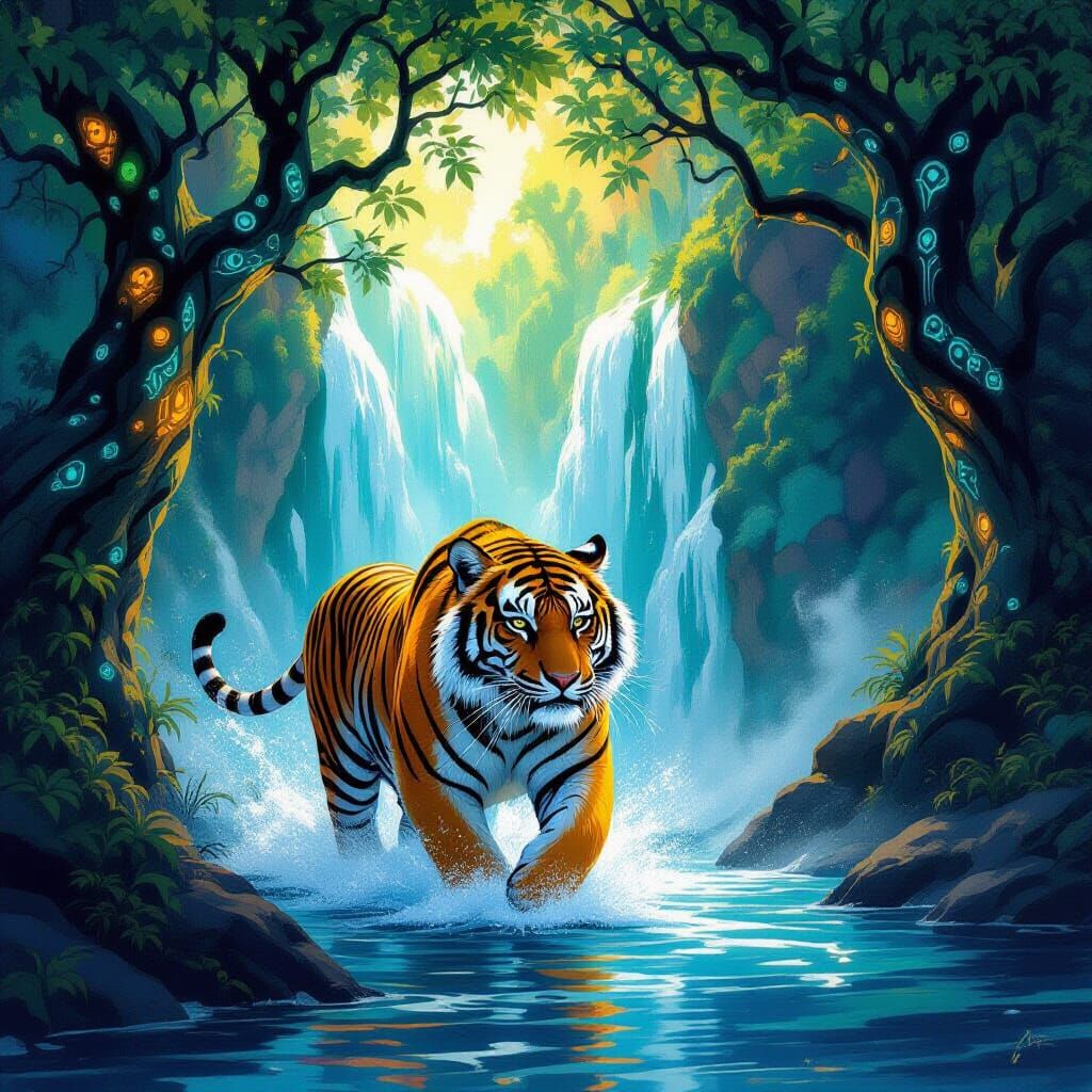 Tiger Emerging from Glowing Waterfall in Enchanted Forest