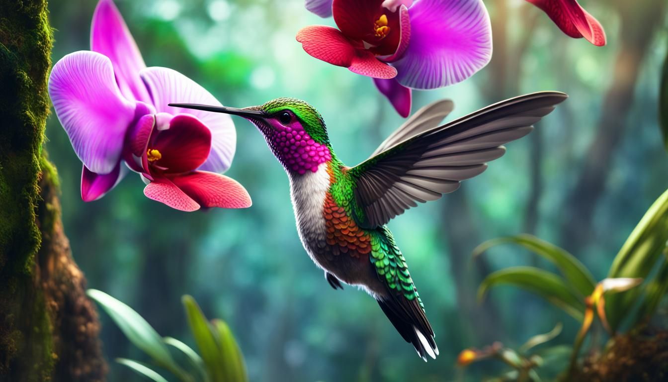 Hummingbird and Orchid: Colorful Rainforest Fantasy