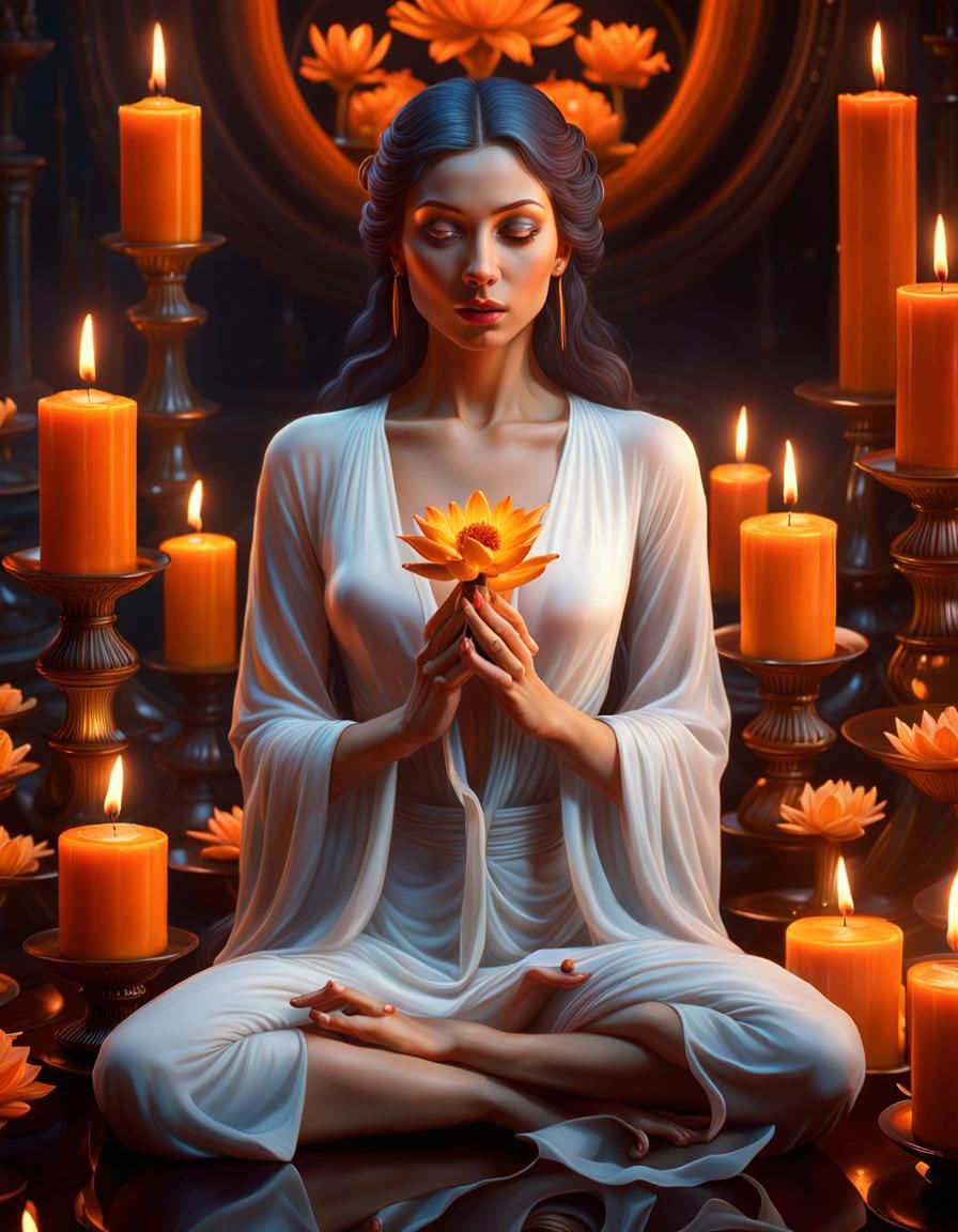 Woman in Lotus Pose with Candles and Mist