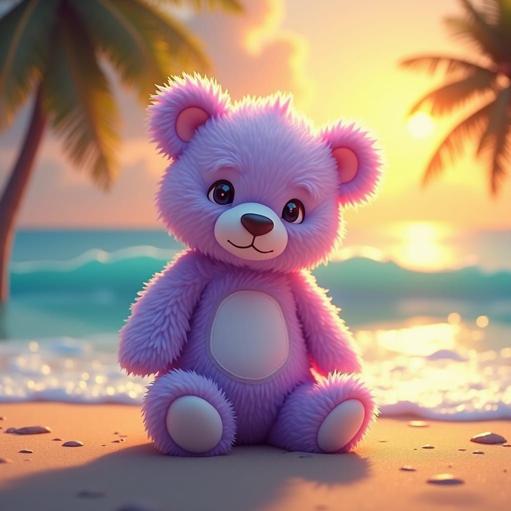 Purple Teddy Bear on Beach in Fantasy Art Style