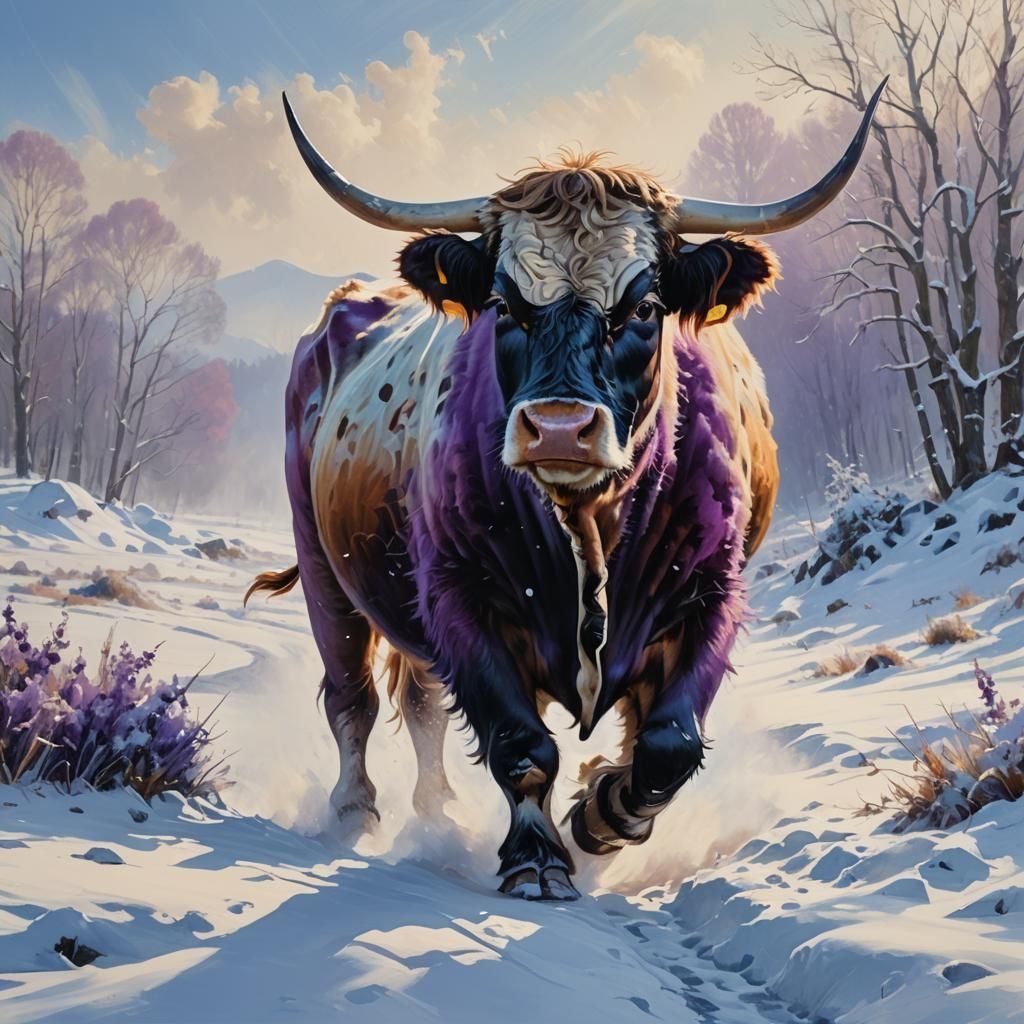 Hairy Cow in Snowy Landscape as Impasto Painting