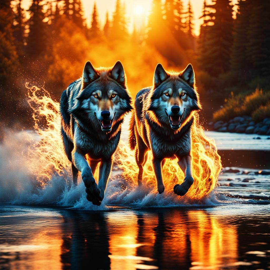 Elemental Fire and Water Wolves Run by River