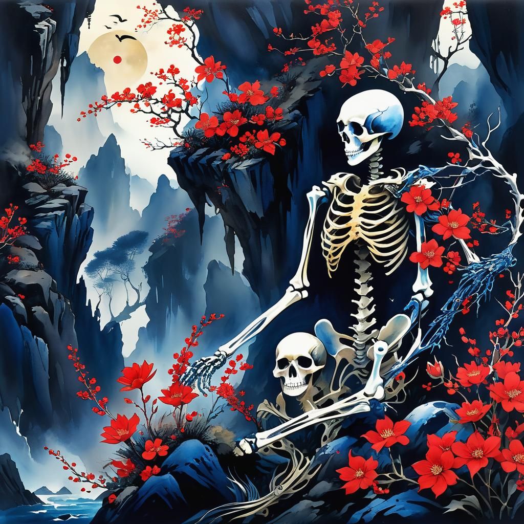 Mermaidpunk Skeleton Arcology in Chinese Ink Painting