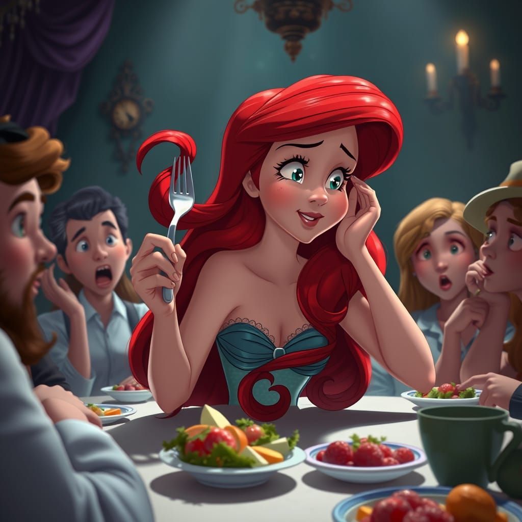 Ariel Uses Fork for Hair, Surrounded by Surprised Humans