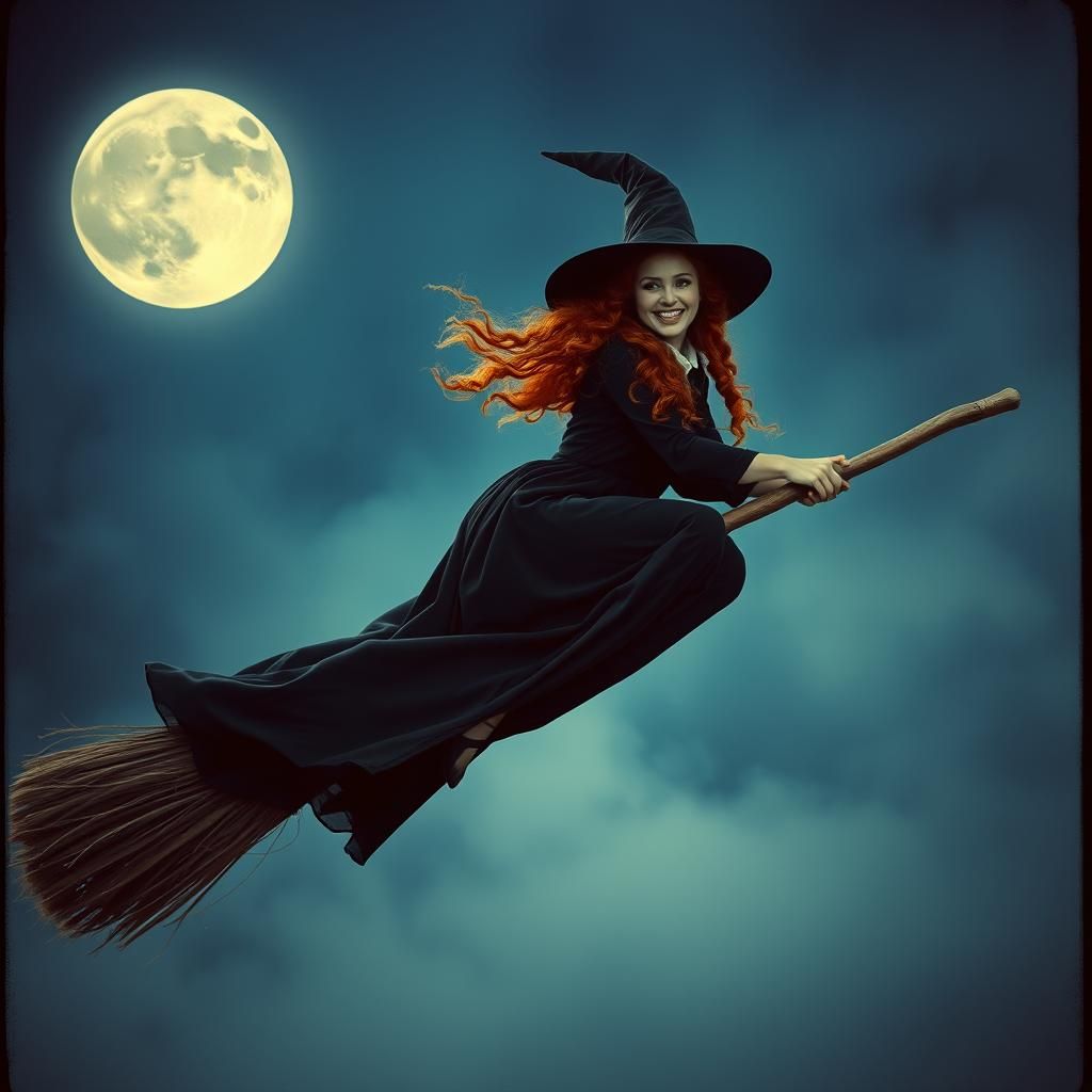 Ginger Witch Soaring Through Misty Moonlit Sky
