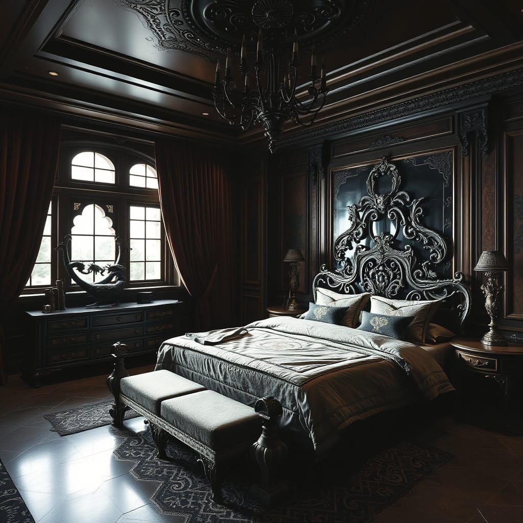 Gothic Modern Master Bedroom with Ornate Details
