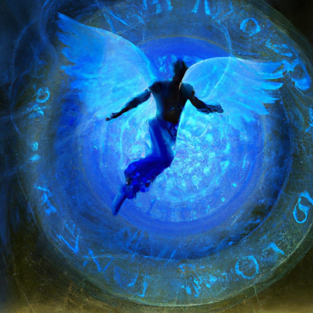 Glowing Blue Winged Man with Runes and Fairies