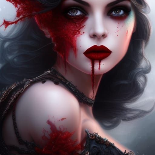 Beautiful Dark-Haired Vampire with Red Lips