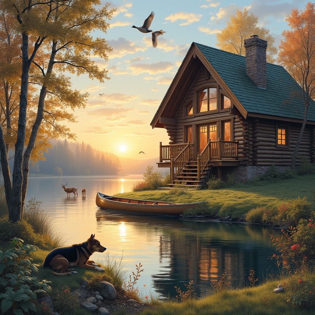 Idyllic Lakeside Cabin Scene in Painterly Style