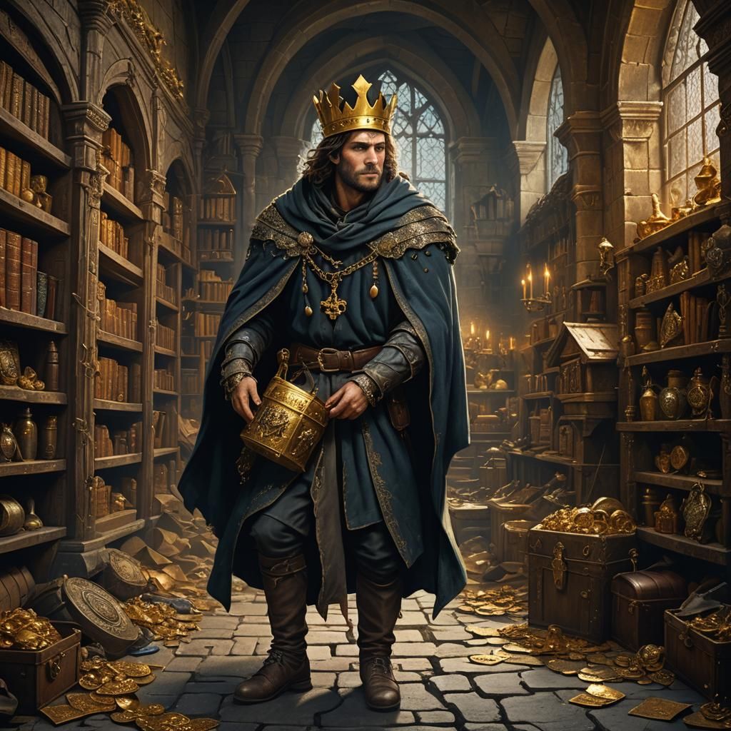 Medieval Thief Stealing Crown in Castle Treasury