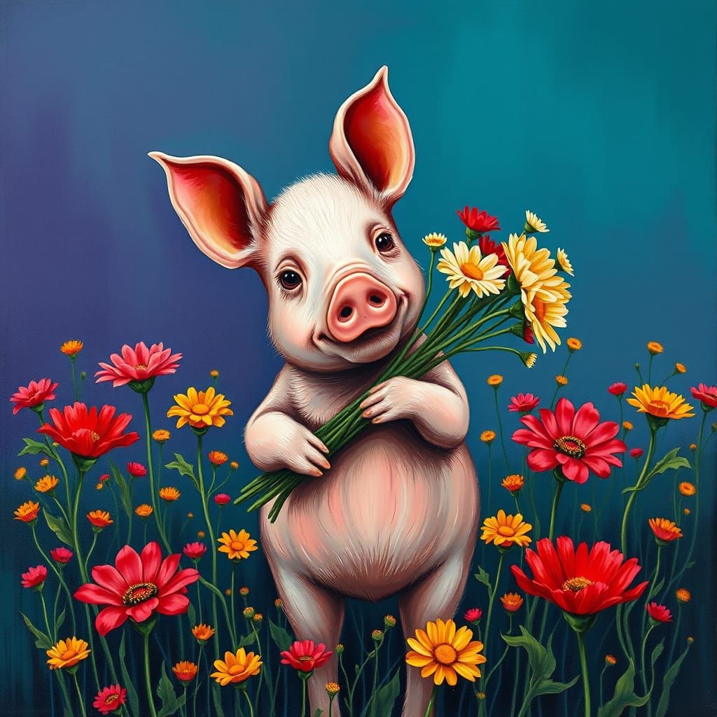 Anthropomorphic Pig Picks Flowers in Dreamy Summer Field