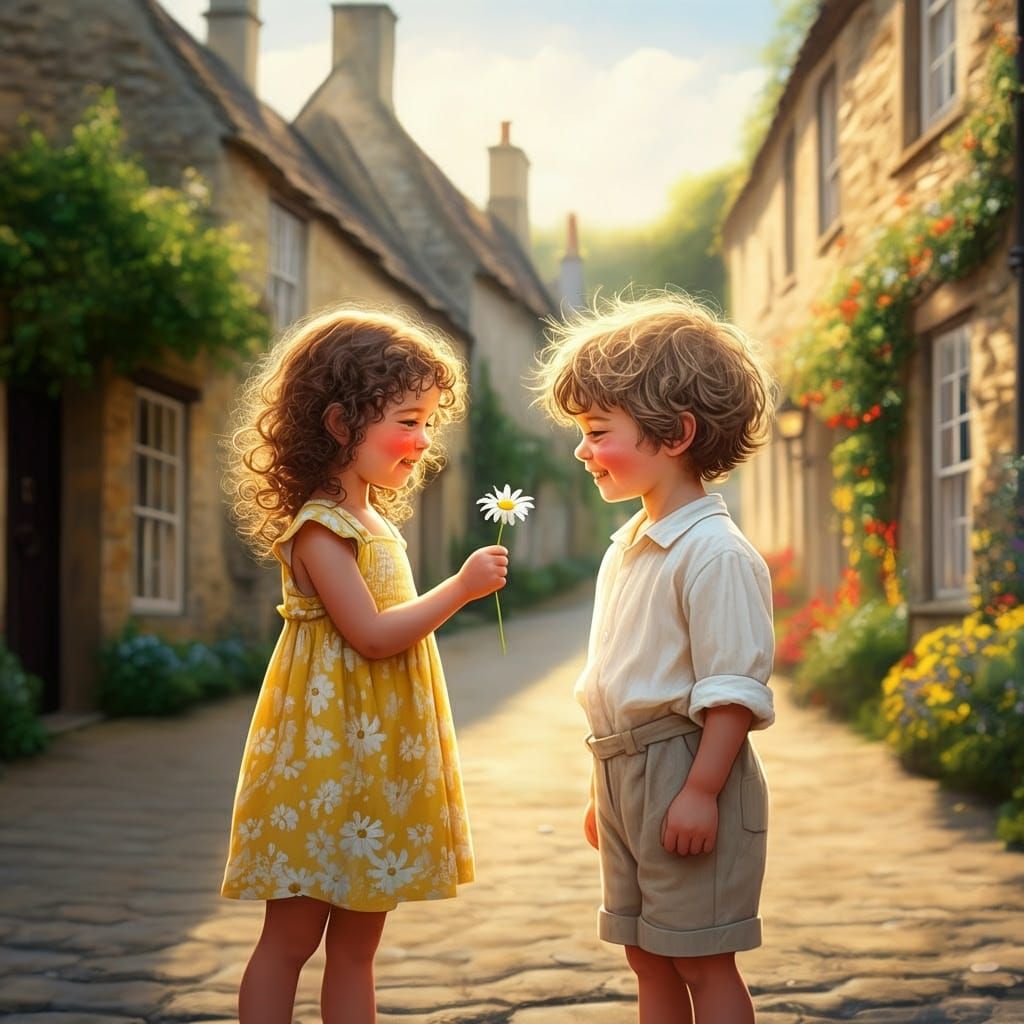 Children Sharing a Gift on a Quaint Village Street