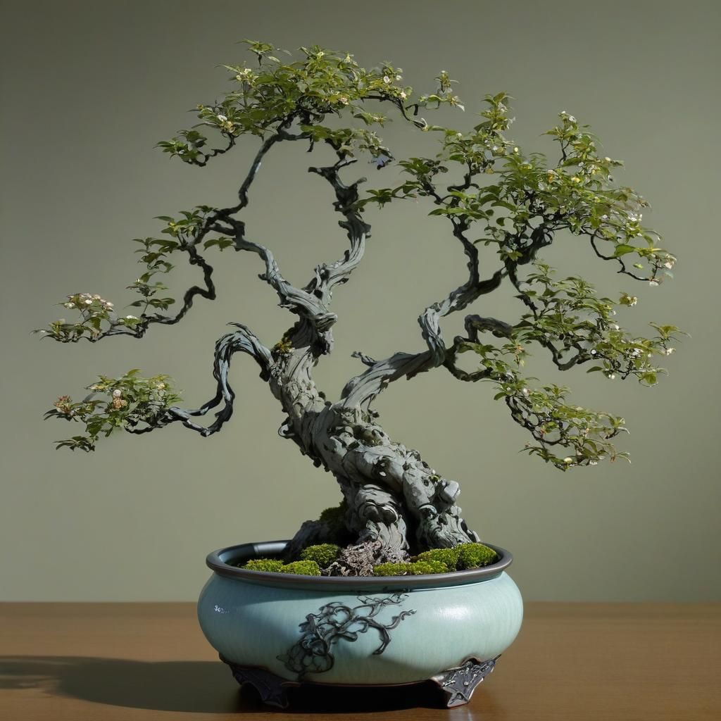Bonsai Tree in Garden Pot, Fantasy Illustration