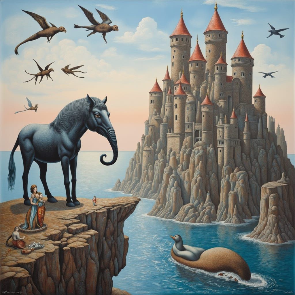 Surreal Hybrid Creatures in Dreamlike Landscape