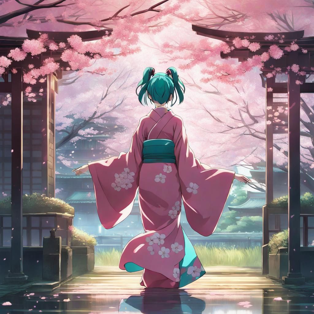 Hatsune Miku in Kimono: Ghibli Anime Style