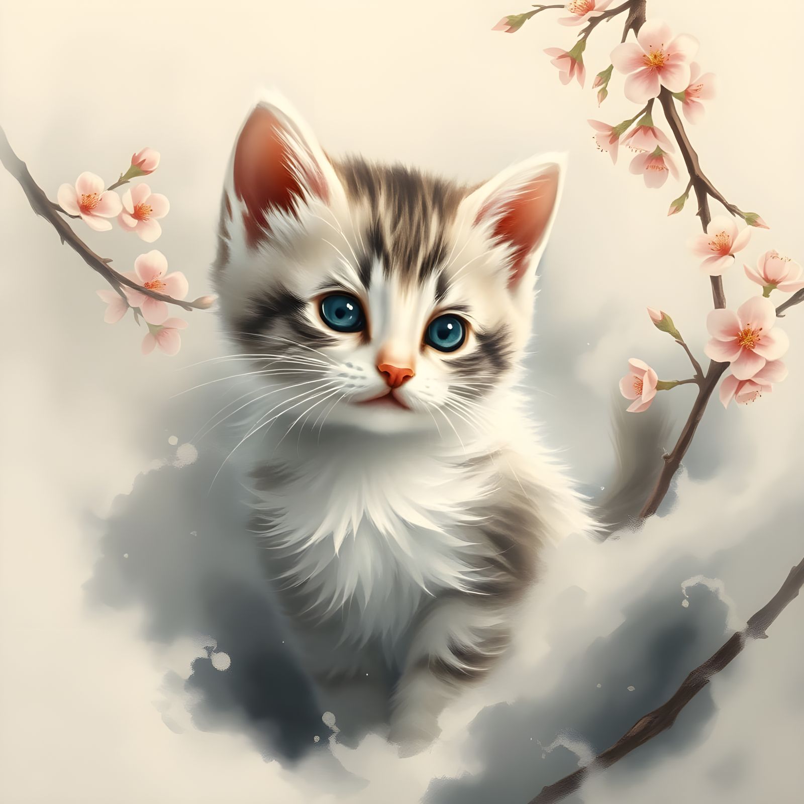 Whimsical Kitten in Cherry Blossom Mist