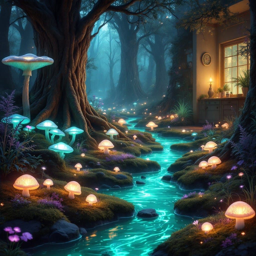 Dreamlike Forest Floor with Bioluminescent Moss and Towering...