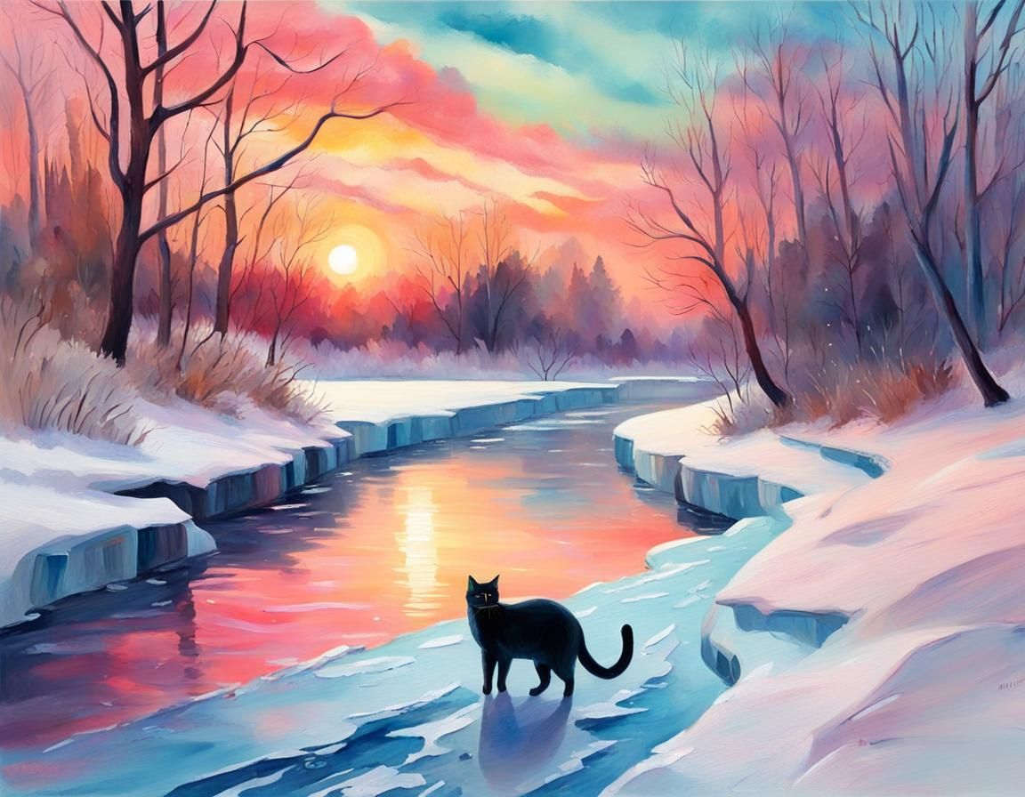 Magical Winter Riverscape with Cat in Gouache Style