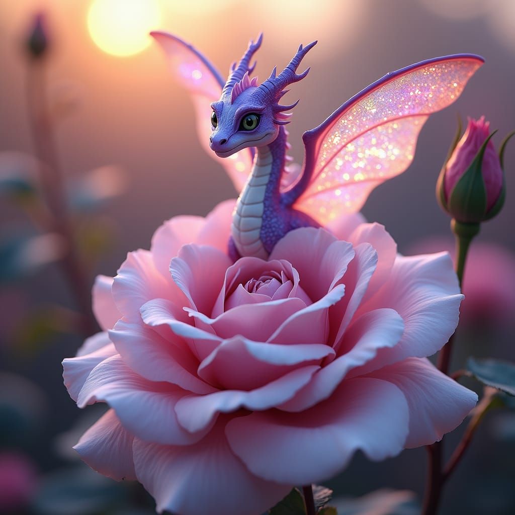 Purple Fairy Dragon Above Blooming Rose