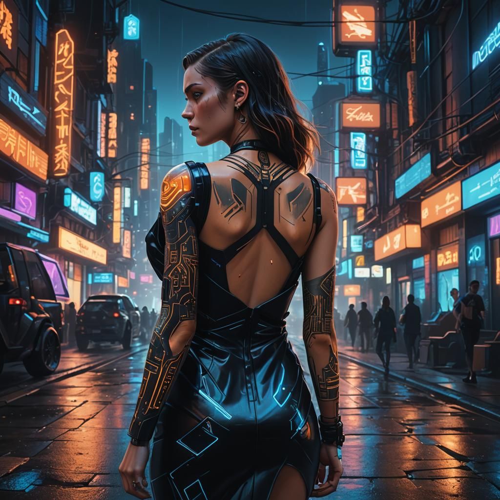 Futuristic Woman in Cyberpunk Cityscape