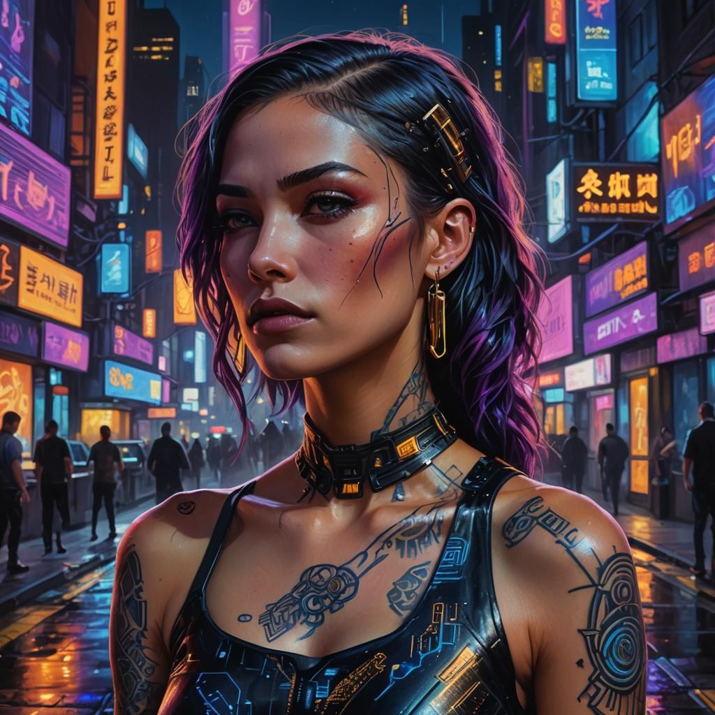 Cyberpunk Woman in Neon Cityscape