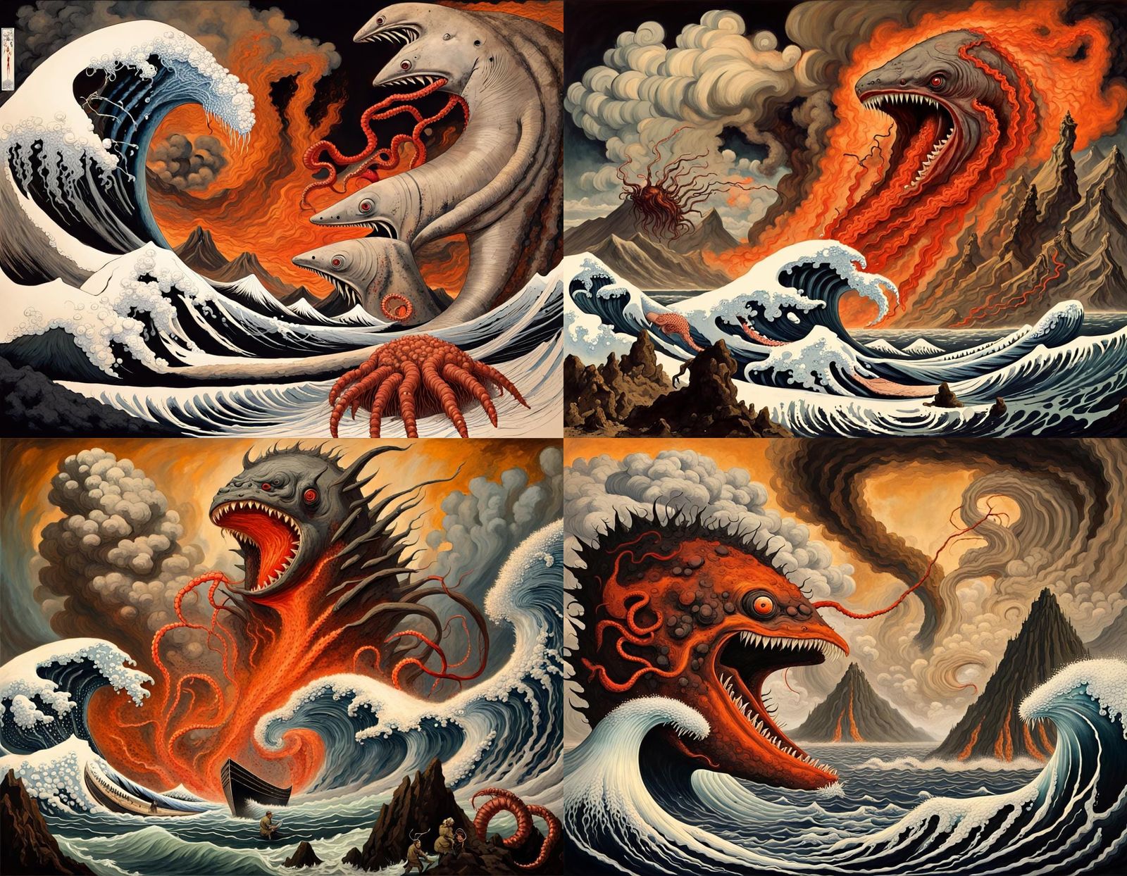 Surreal Mutant Battle in Volcanic Storm, Expressionist Art