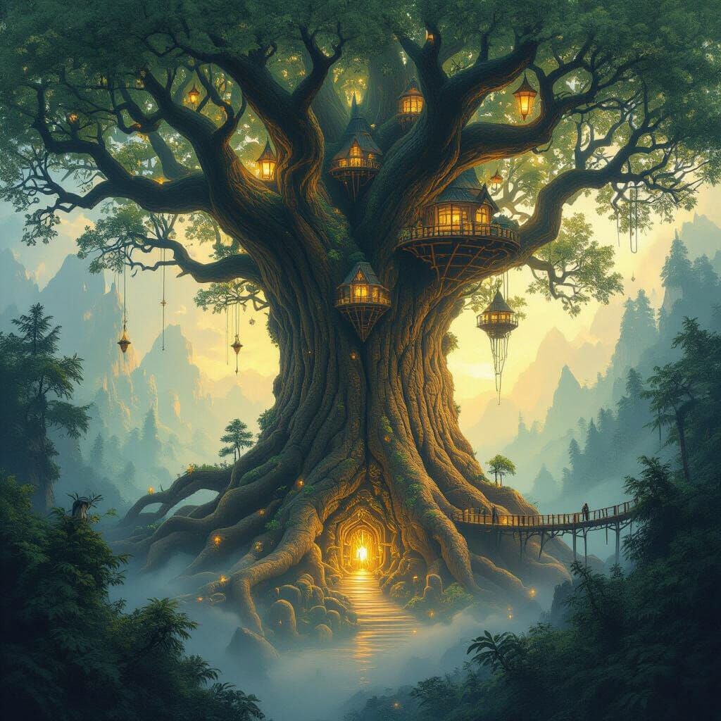 Enormous Tree in Ancient Forest, Golden Light