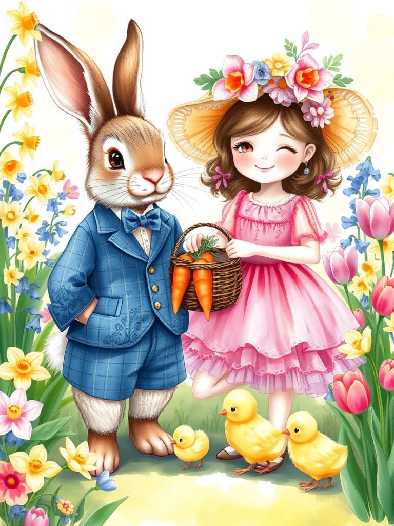 Whimsical Digital Watercolor Painting of a Bunny in Springti...