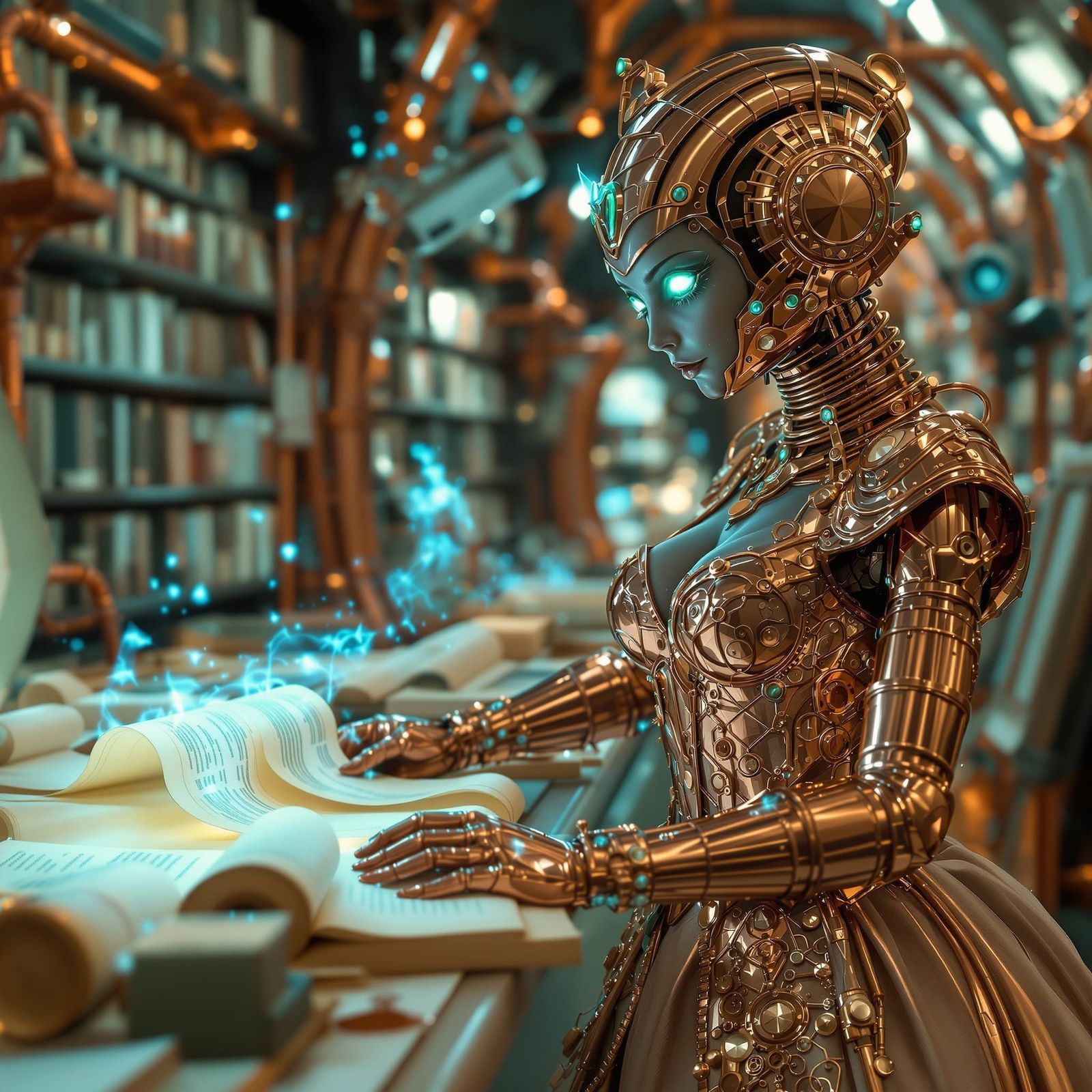Copper Librarian Sorting Holographic Scrolls in Zero-Gravity