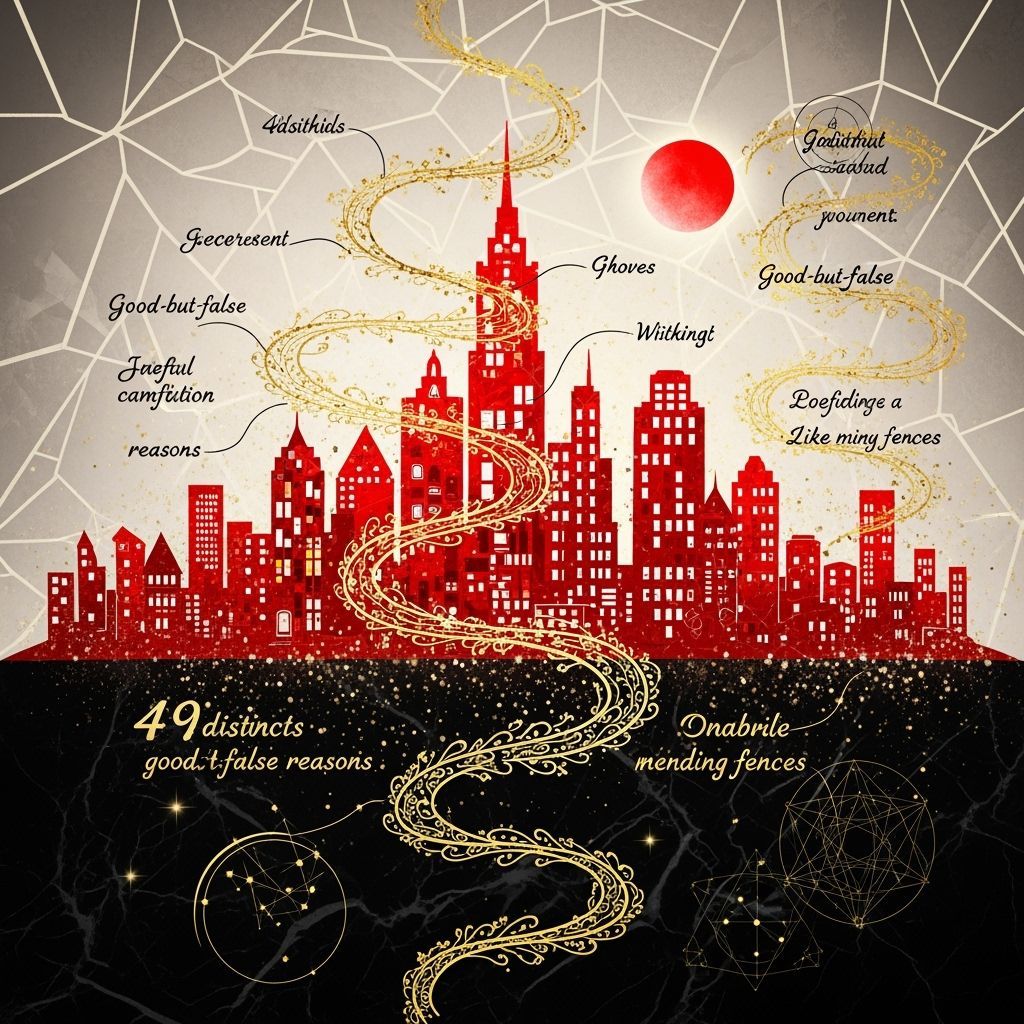 Luxurious Folk Art Cityscape in Red and Gold