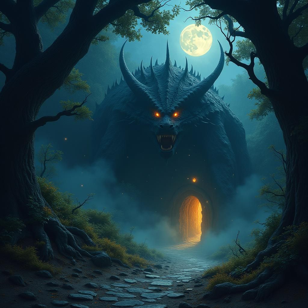 Ominous Dragon Cave in Dreamlike Surrealist Style