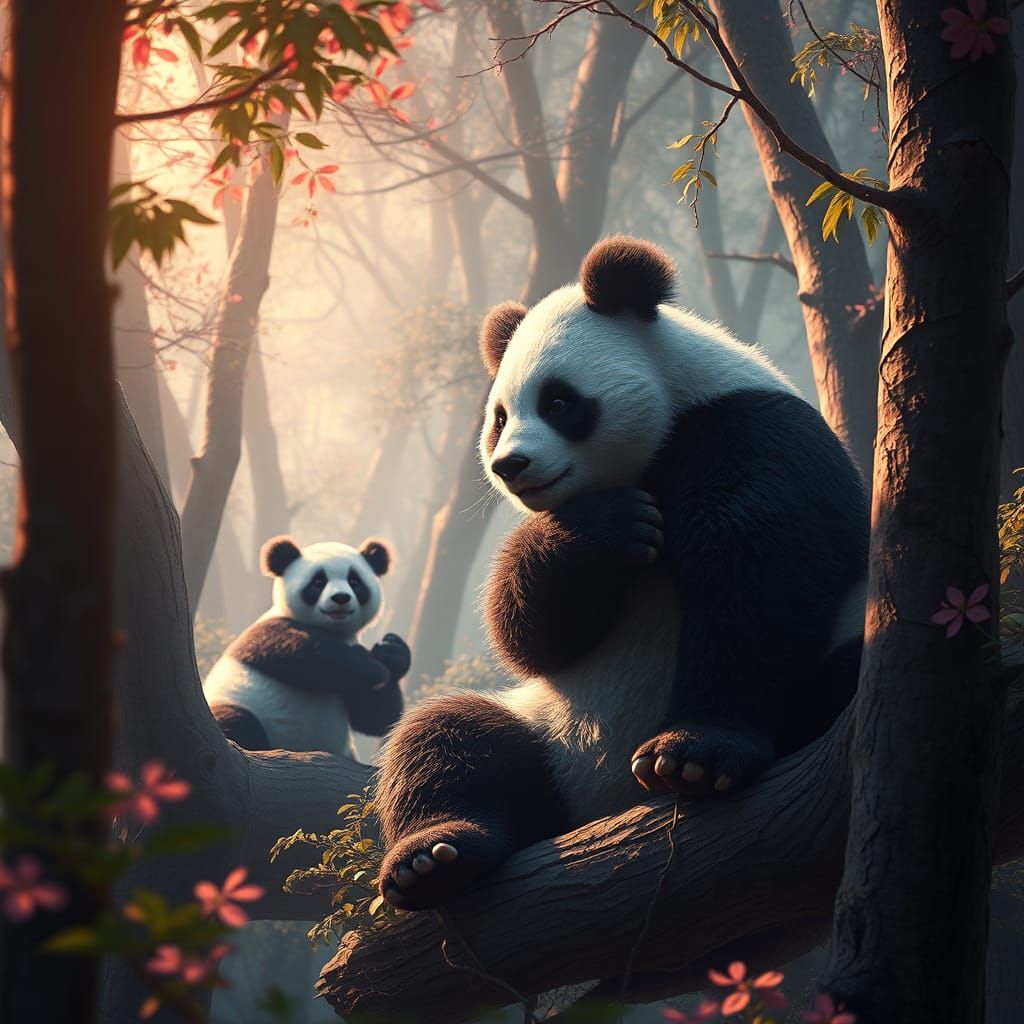 Pandas in Trees: Detailed Fantasy Concept Art