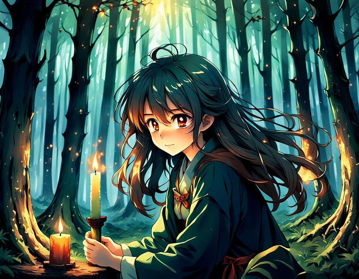 Anime Style: Lost Woman with Candle in Forest