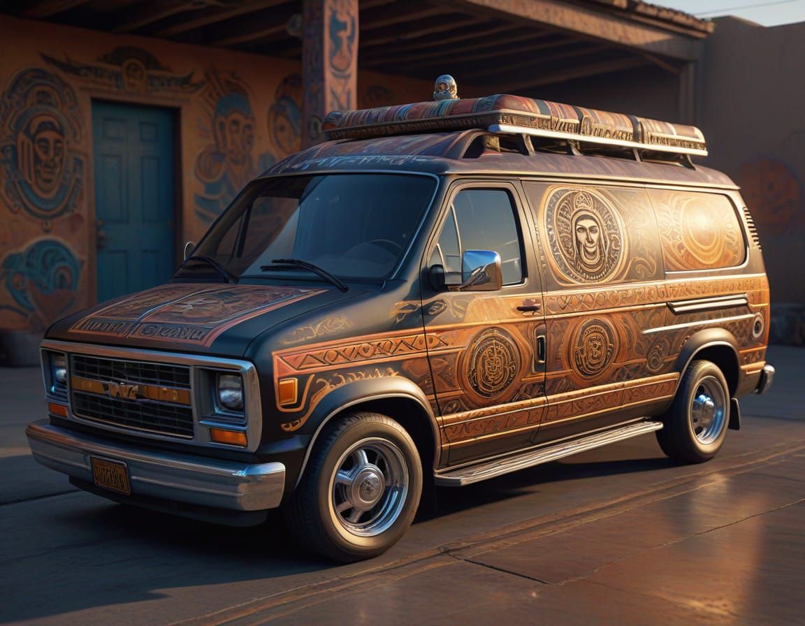 Low-Rider Van Adorned with Aztec God Mural in Vibrant Colors
