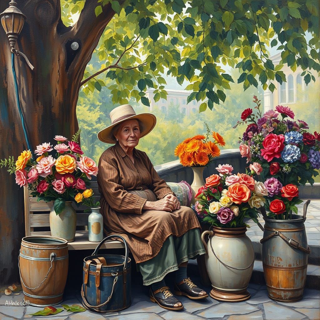 Impasto Painting of Flower Seller with Vibrant Blooms