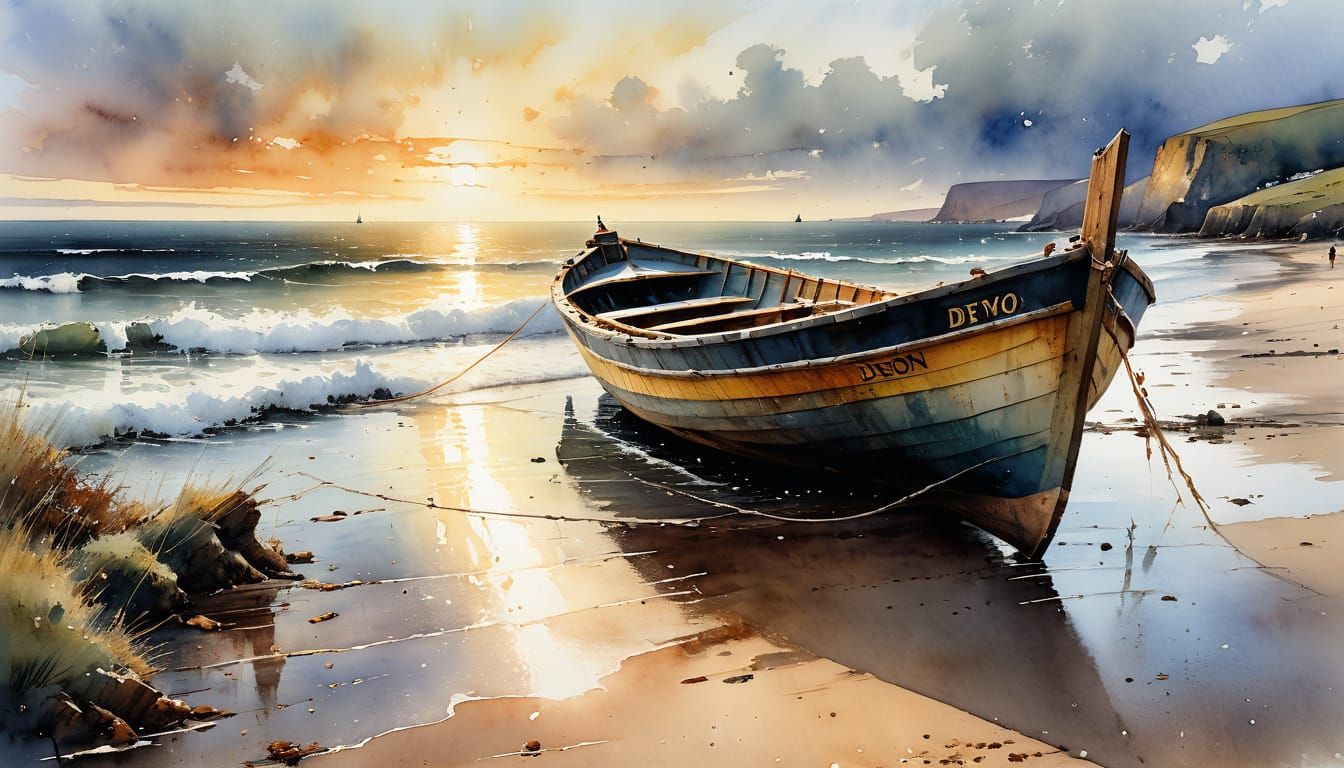 Watercolor Seascape: Rustic Boat on Devon Shore at Sunset