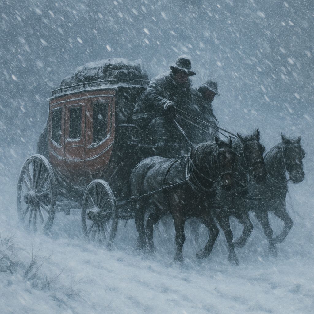 Stagecoach Rides Through a Winter Snowstorm