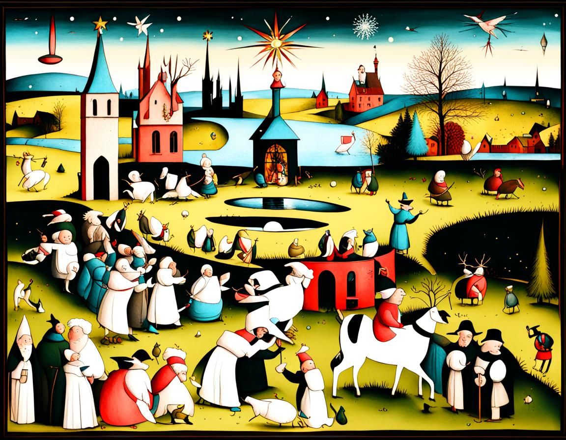 Surreal Christmas Scene in Hieronymus Bosch Style