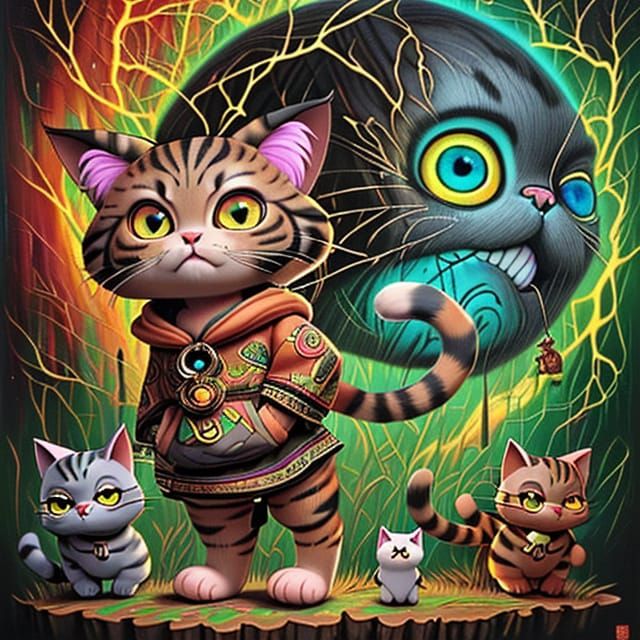 Ceremonial Cat in Vivid Landscape Illustration