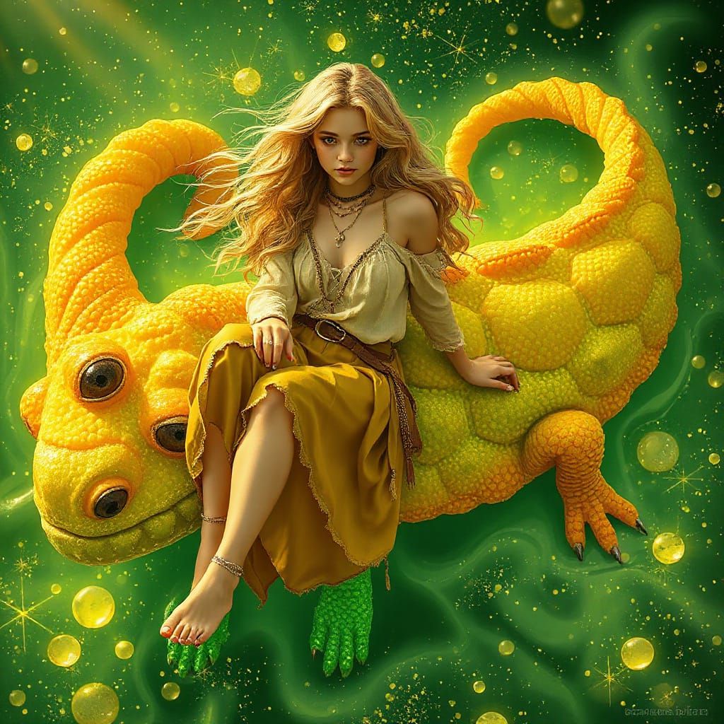 Woman on Gummy Salamander in Soda Sea