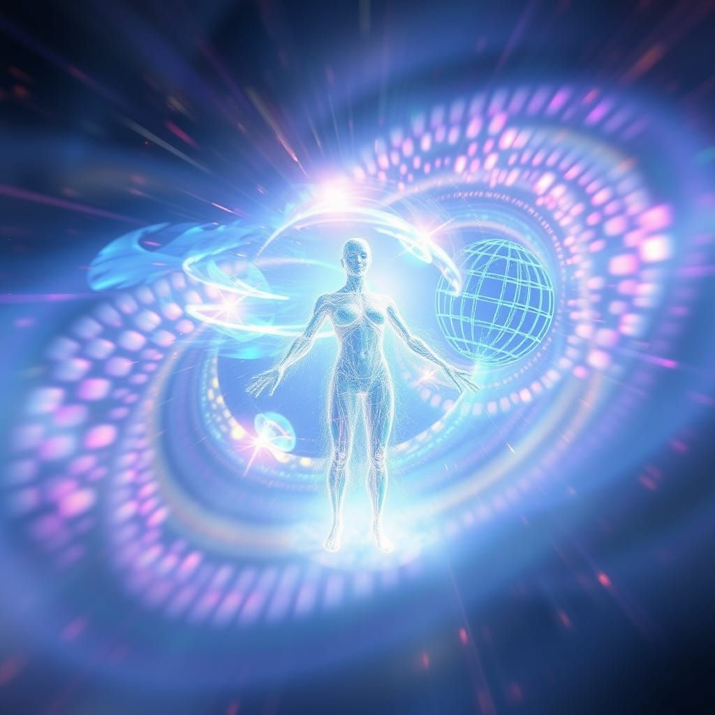 Surreal Holographic Entity Illuminates Iridescent Vortex