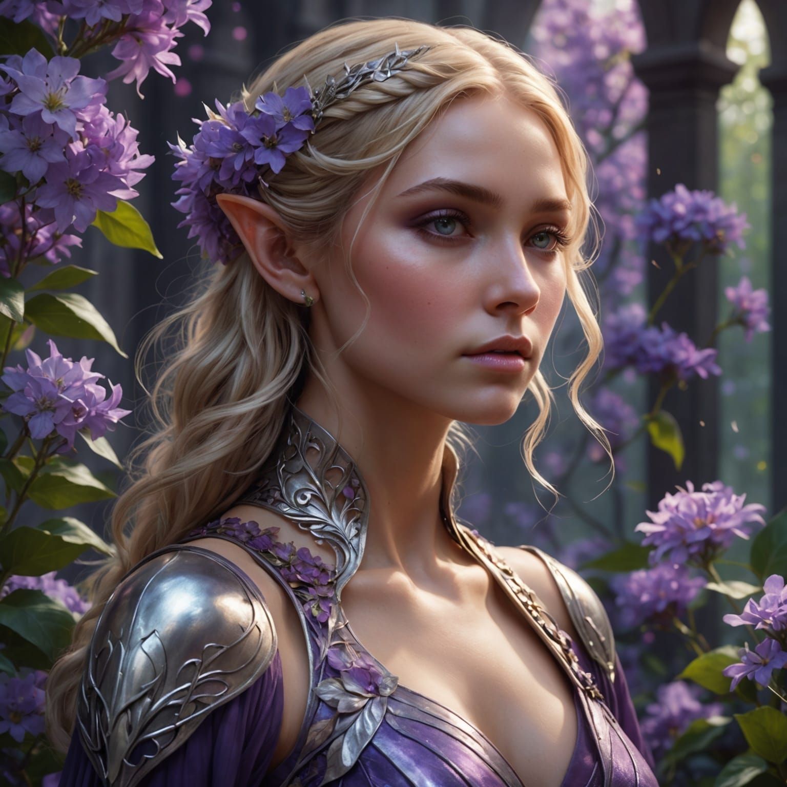 Elegant Elf Portrait with Violet Flowers