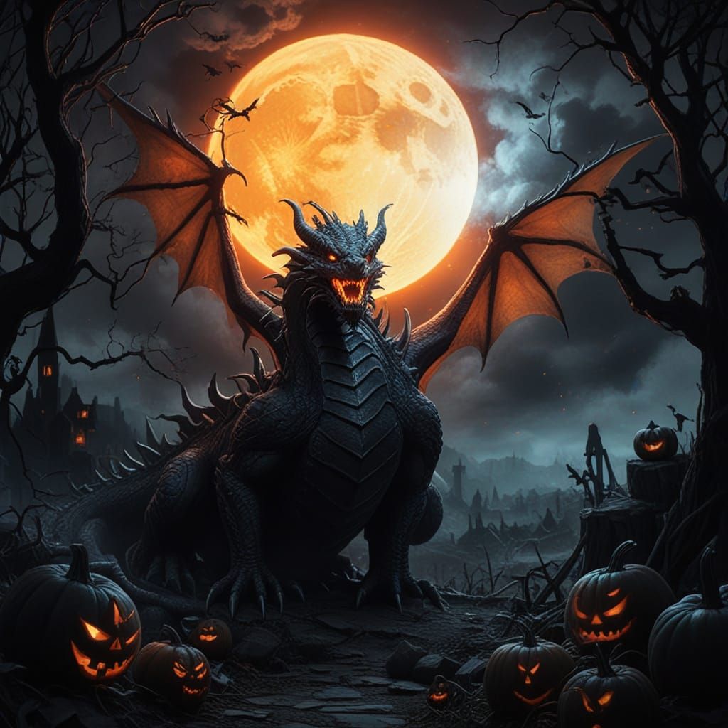 Dragon in Moody Halloween Pumpkin Patch