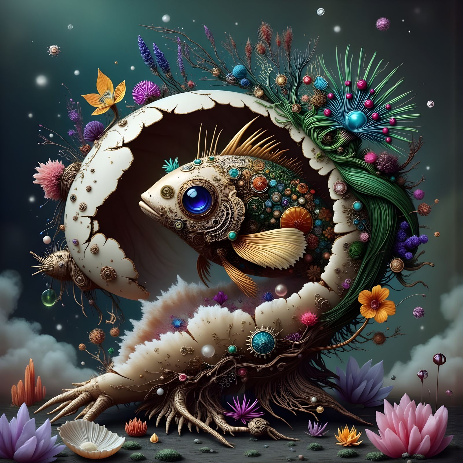 Steampunk Anglerfish Hatching from Conch Shell