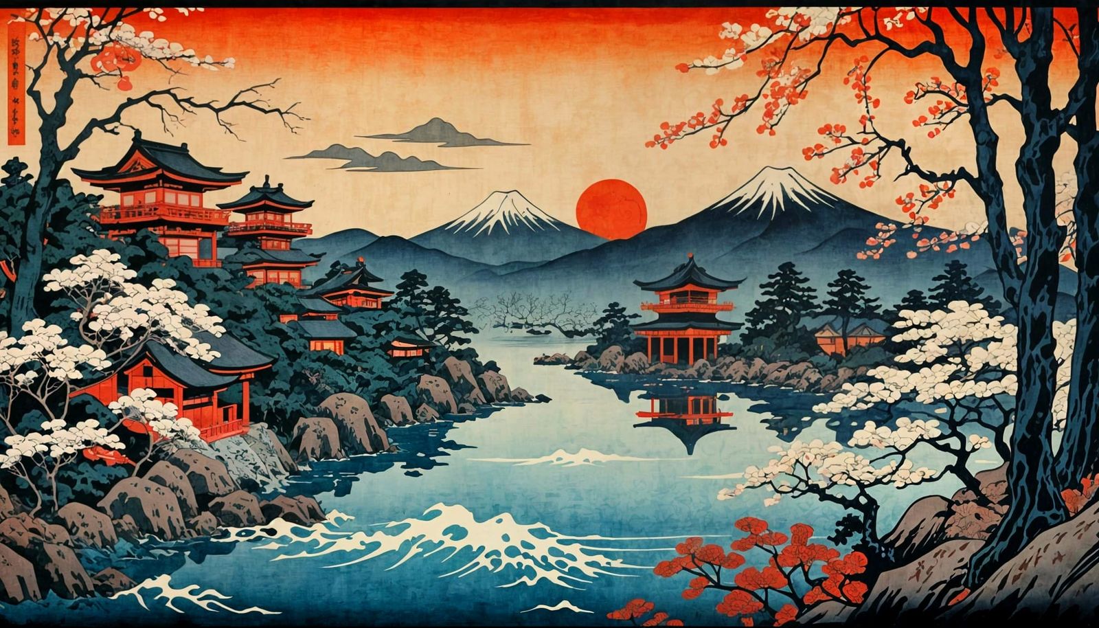 Japanese Woman in Ukiyo-e Landscape Art