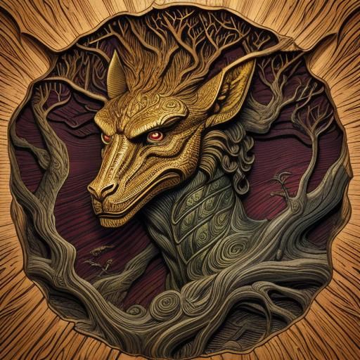 Mythical Creature Wood Carving in Comic Book Style