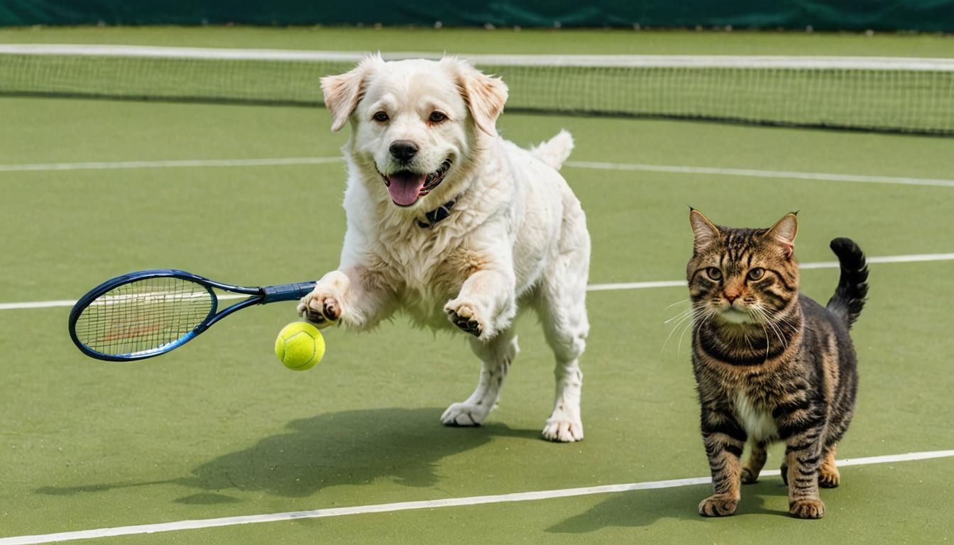 Dog and Cat Play Tennis on the Court